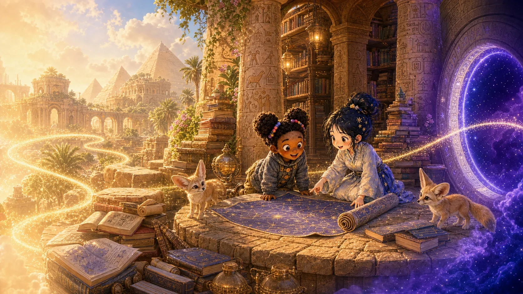 Two Litsee children uncovering a star map in a sunlit desert archive