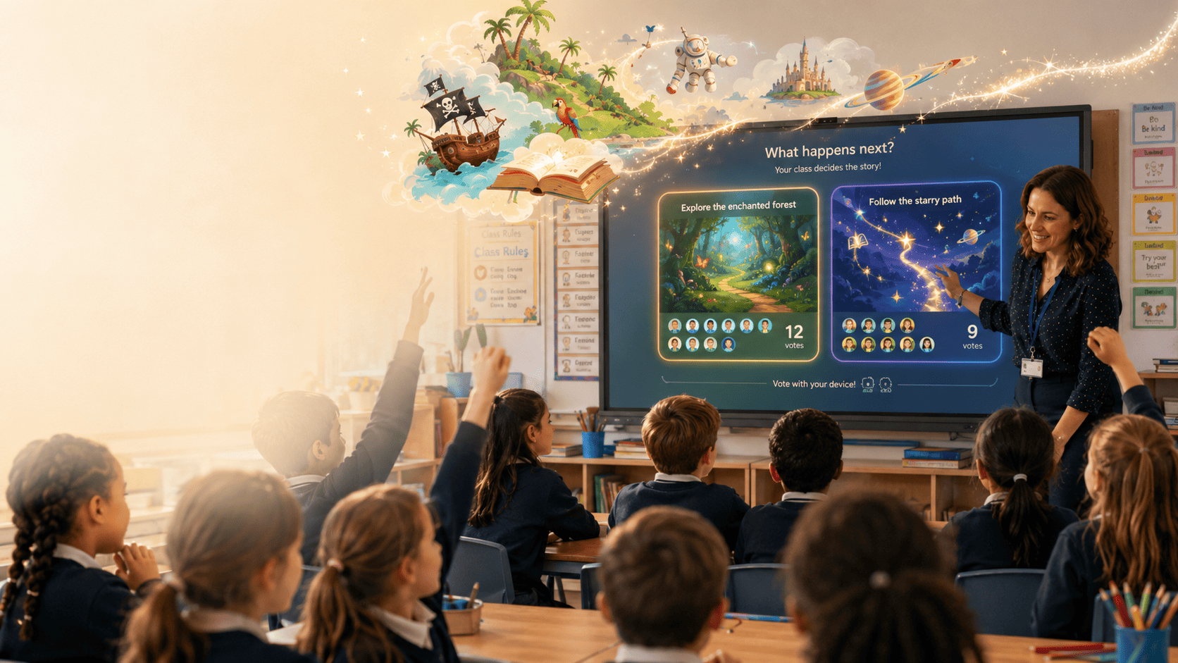 A whole class votes on what happens next in their story — Litsee on the classroom whiteboard