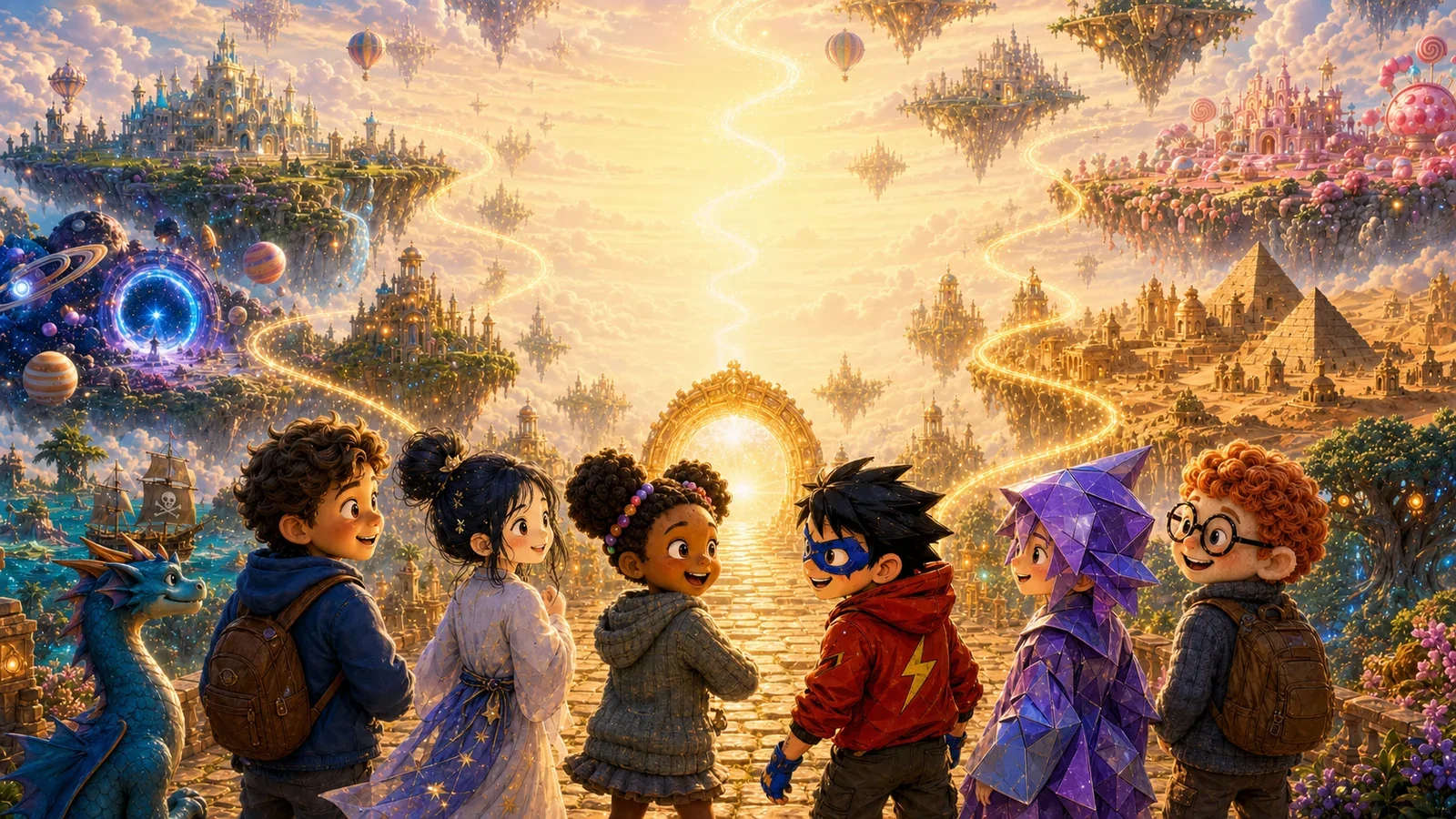 All six Litsee children reunited before a radiant gateway connecting their many story worlds