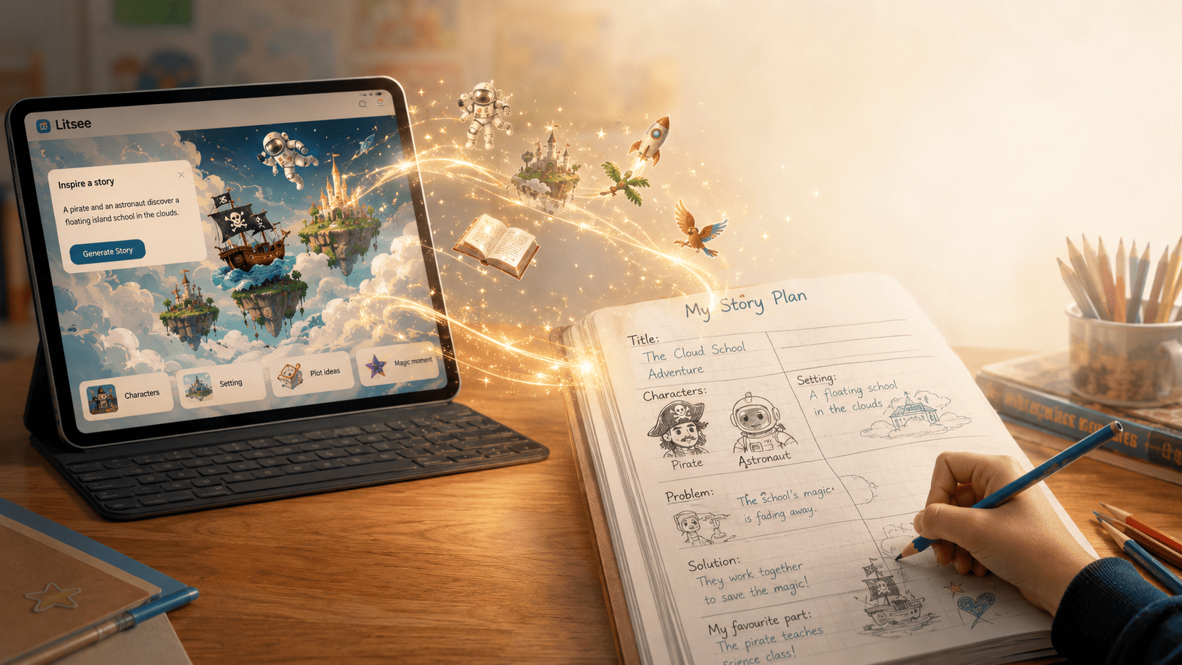 A pupil plans their own story in a notebook beside the Litsee app — characters, setting, problem and solution