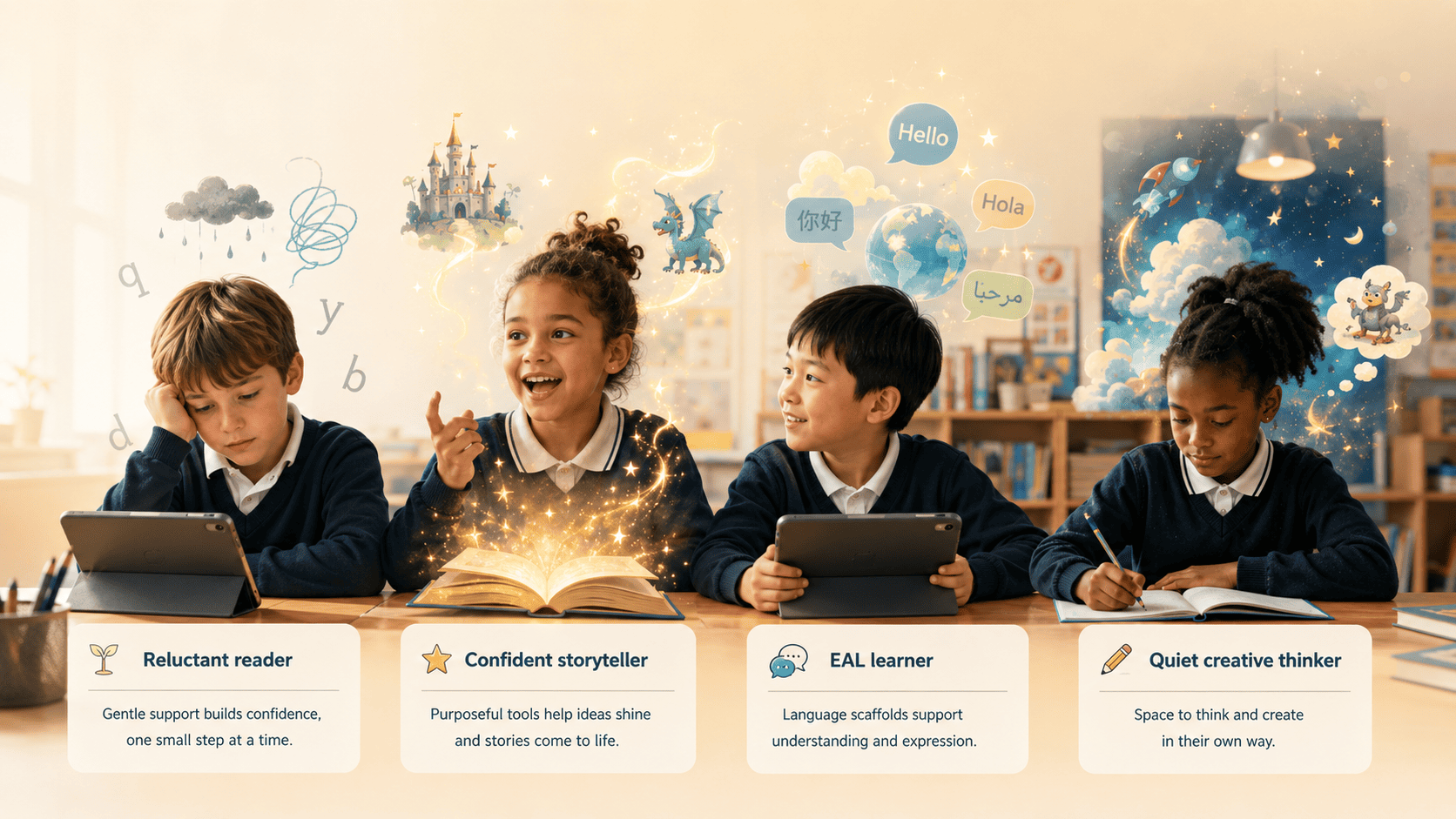 Litsee supports every learner — reluctant readers, confident storytellers, EAL learners and quiet creative thinkers
