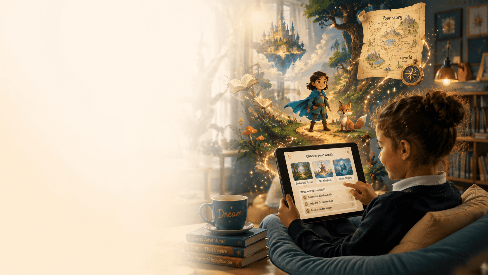 A pupil chooses her own story world on a tablet as a brave hero and a fox come to life beside her
