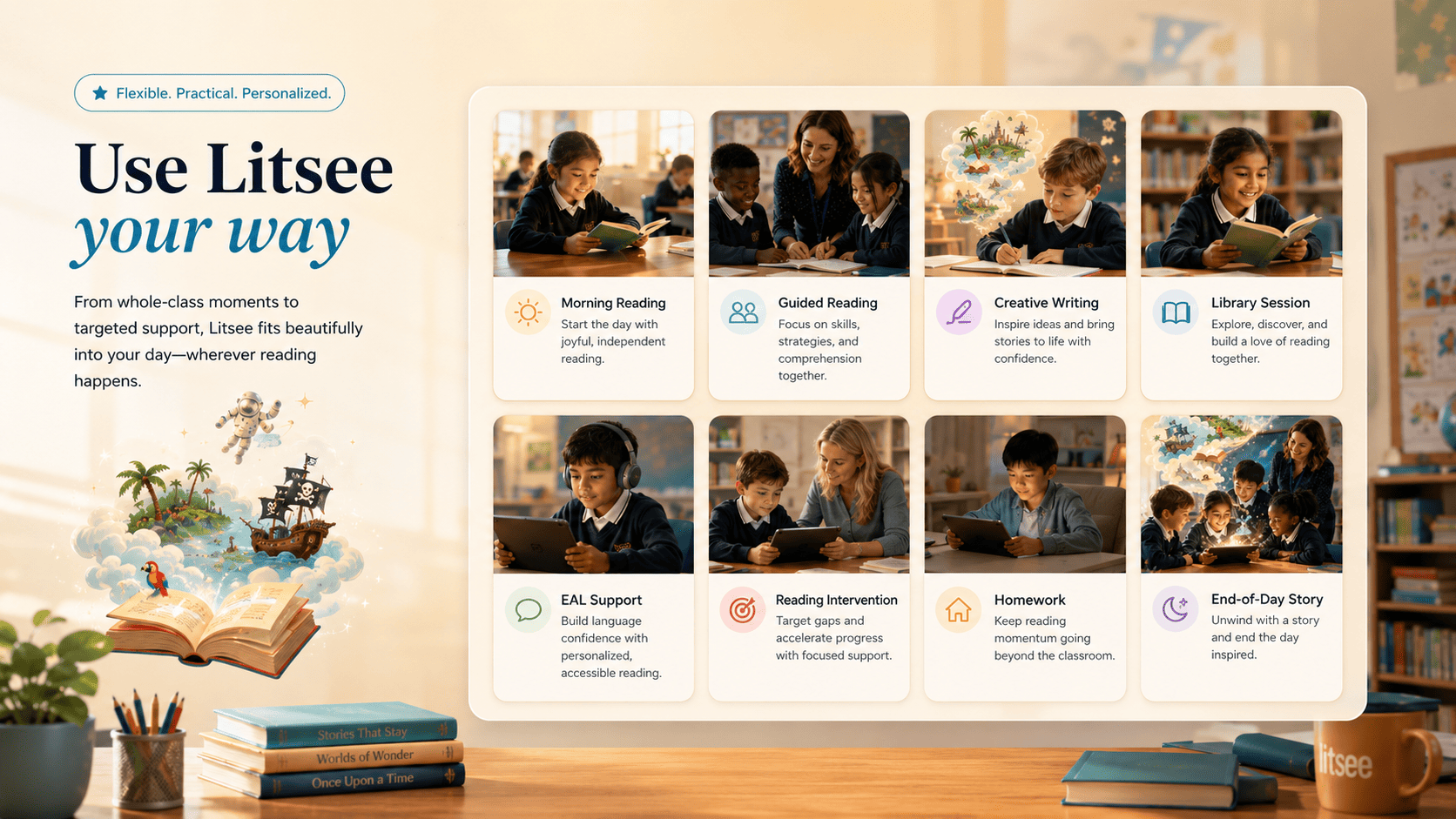 Use Litsee your way — Morning Reading, Guided Reading, Creative Writing, Library Session, EAL Support, Reading Intervention, Homework, End-of-Day Story