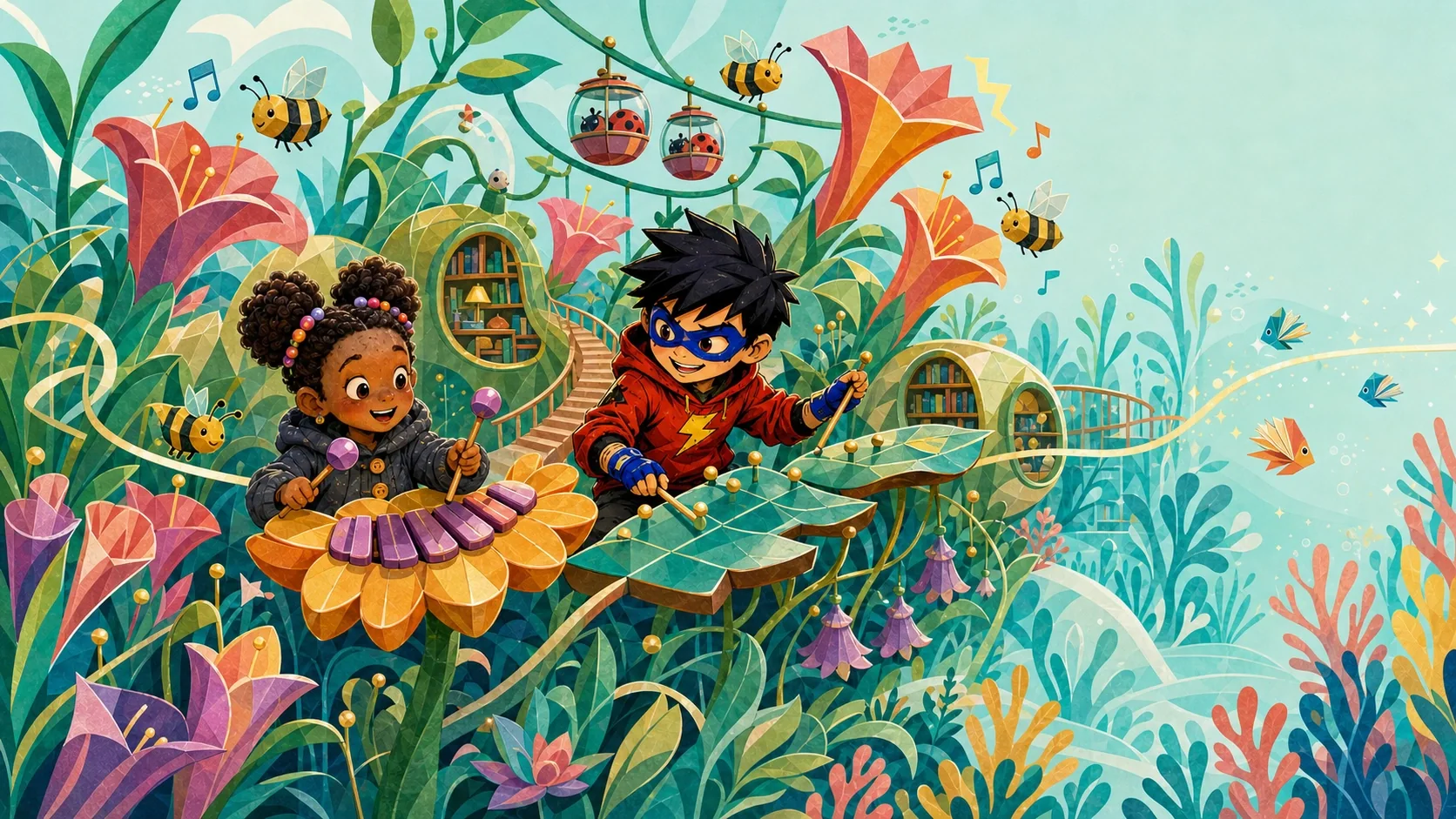 Two Litsee children playing enormous flower instruments in a flat editorial garden