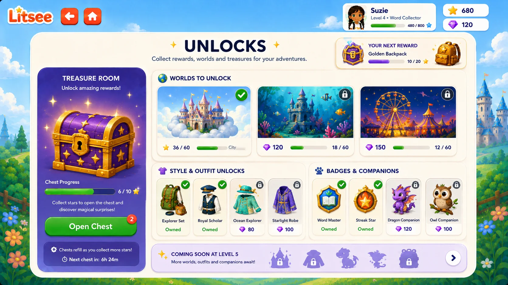 Litsee unlockables screen showing new story worlds, outfits, badges and companions
