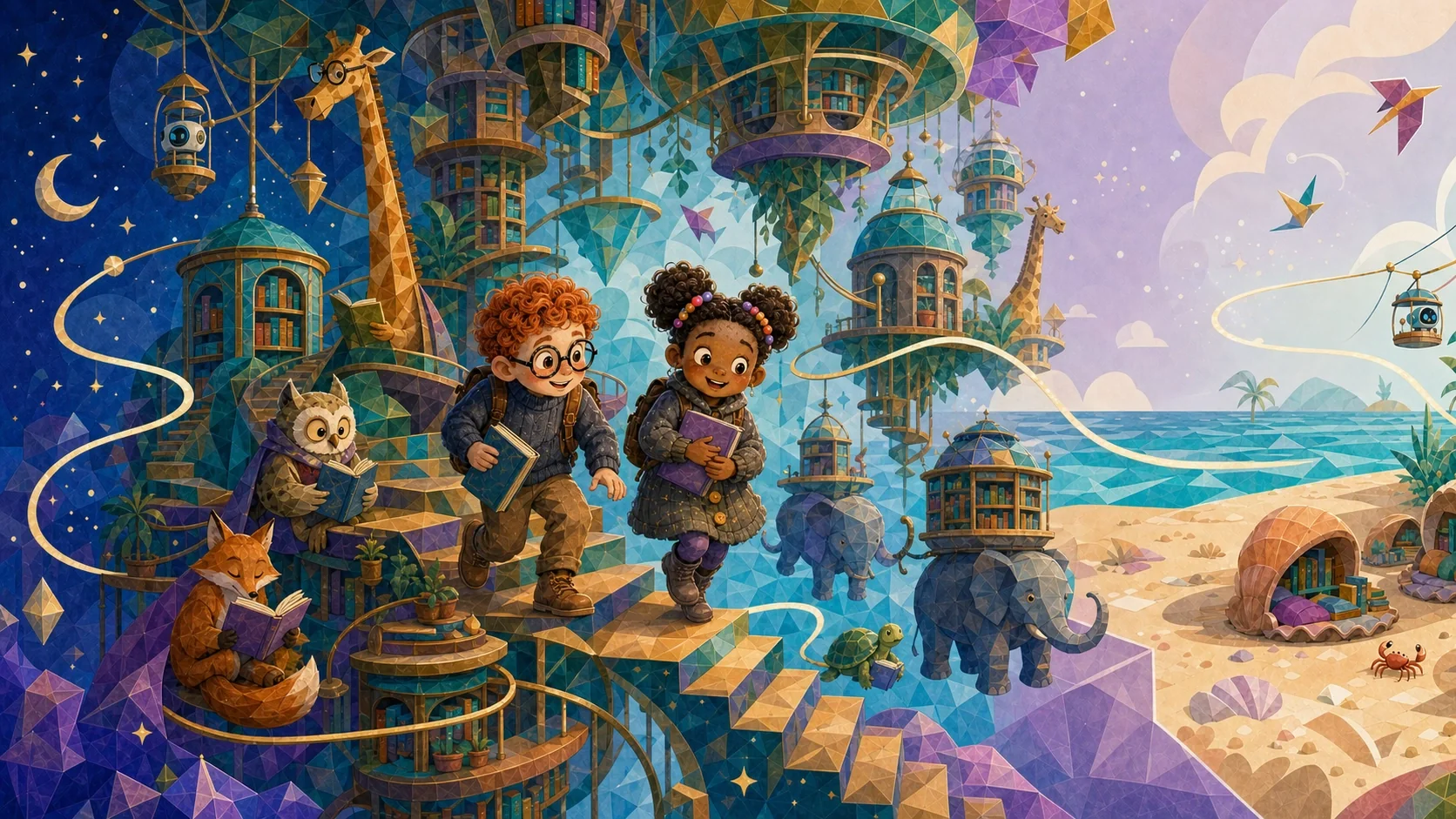 Two Litsee children exploring a gravity-defying animal library city in flat editorial style