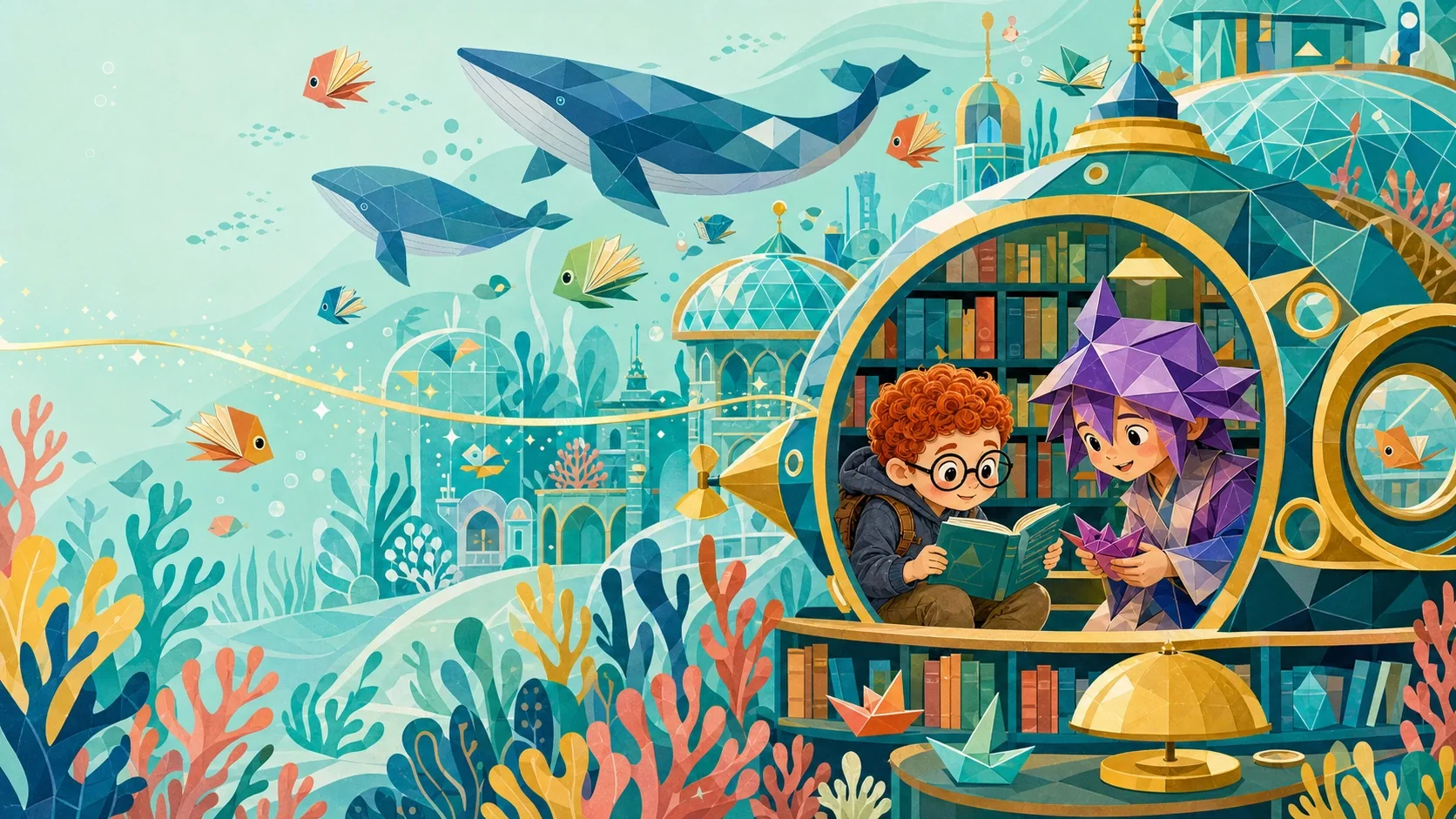 Two Litsee children exploring a geometric underwater library in flat editorial style