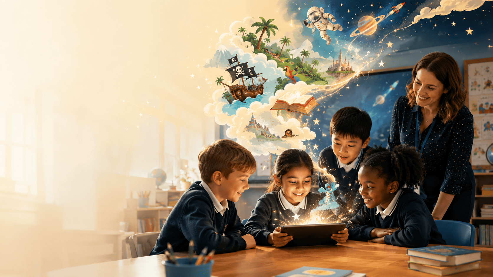 Primary classroom — a teacher and four pupils gather around a tablet as a story world swirls out into space