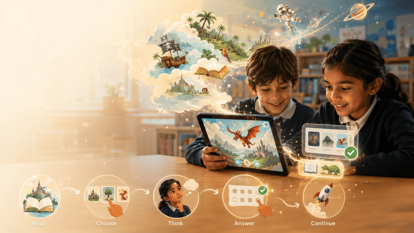 The Litsee reading loop: pupils Read, Choose, Think, Answer, Continue