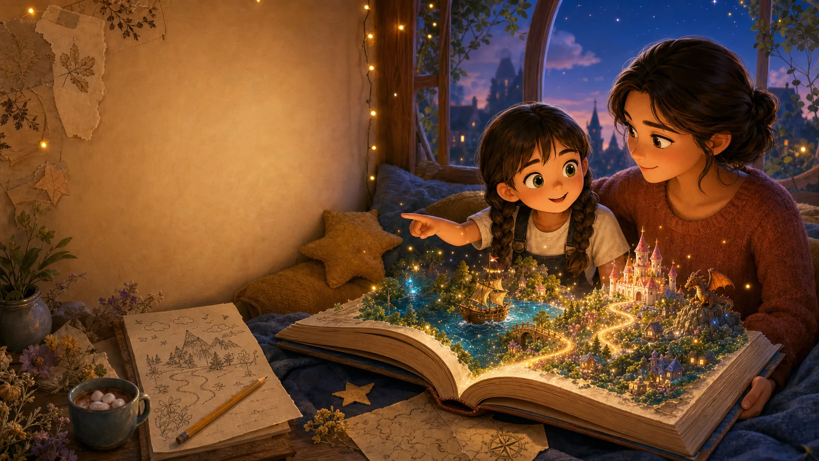 Suzie and her parent reading an open journal whose magical worlds rise from the pages