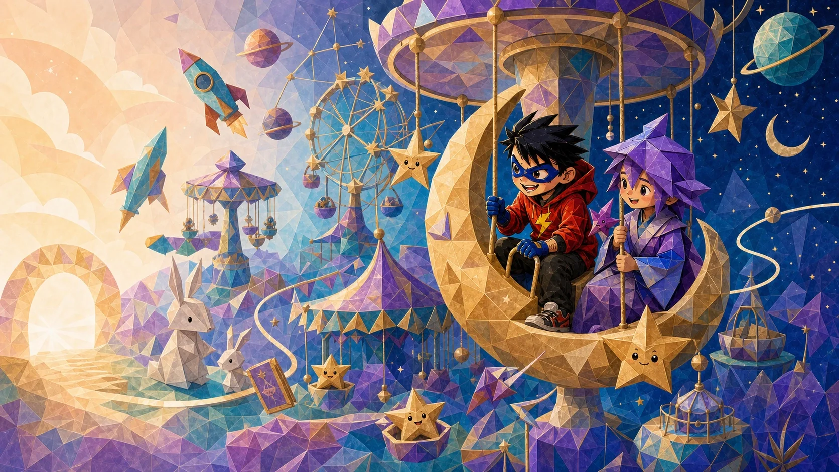 Two Litsee children riding a crescent carousel through a flat editorial moon carnival