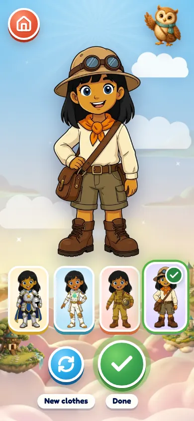 Dress up in the Litsee app: the hero in an explorer outfit with four outfits to choose.