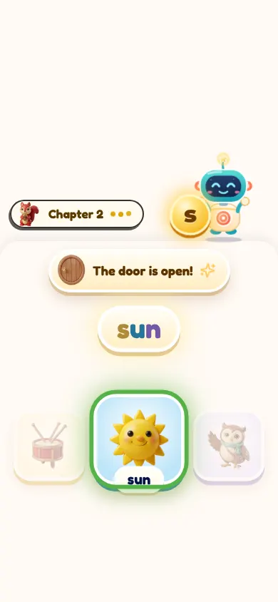 The locked door puzzle in the Litsee app, solved: the door is open and the sun picture glows.