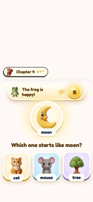 The frog's riddle in the Litsee app: which one starts like moon? with pictures of a cat, a mouse and a tree.