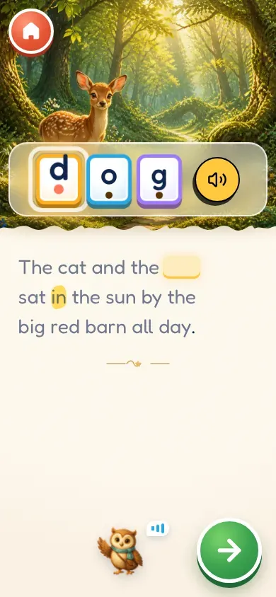 Tap a word in the Litsee app: the word dog lifted above the story and split into d, o and g tiles.