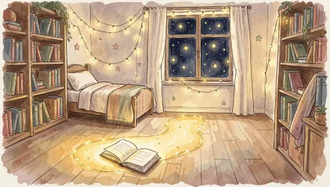 A painted child's bedroom at night: bookshelves, fairy lights, stars at the window and an open book glowing on the floor.