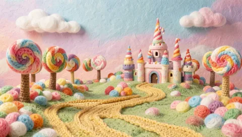A painted candy kingdom: lollipop trees, a sugar castle and a path of golden candy.
