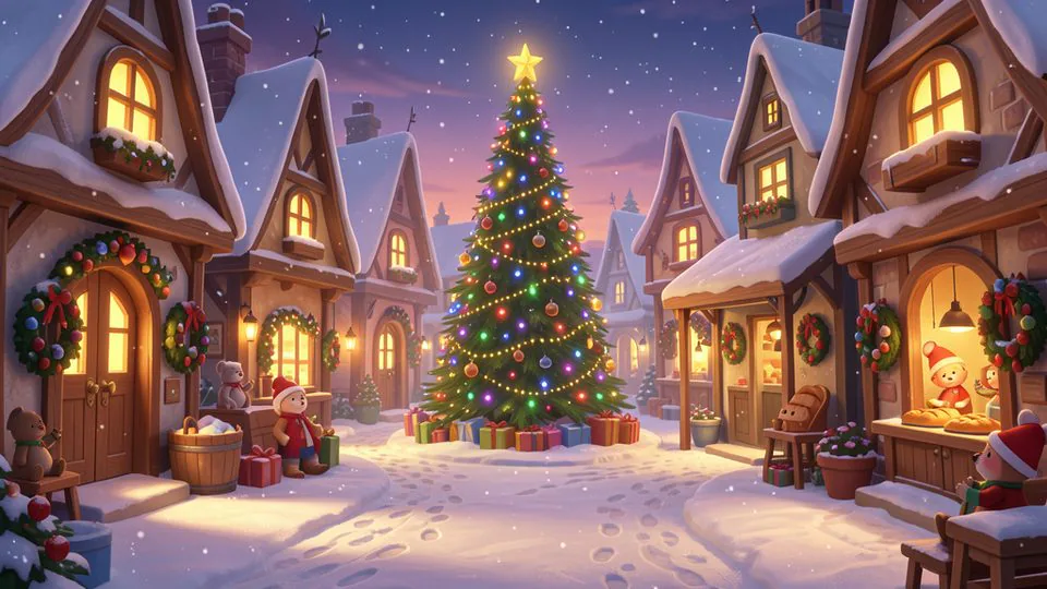 A painted snowy village square at dusk, with a tall Christmas tree covered in coloured lights, presents underneath and cosy shops all around.