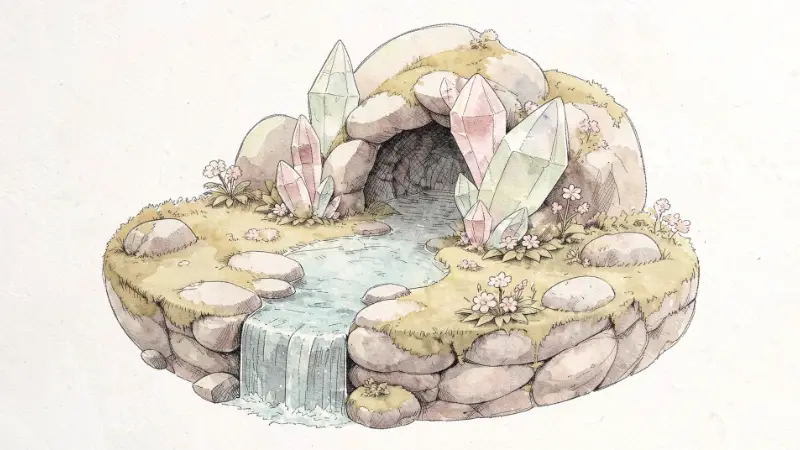 A painted mossy cave mouth with pink and green crystals beside it and a little waterfall below.