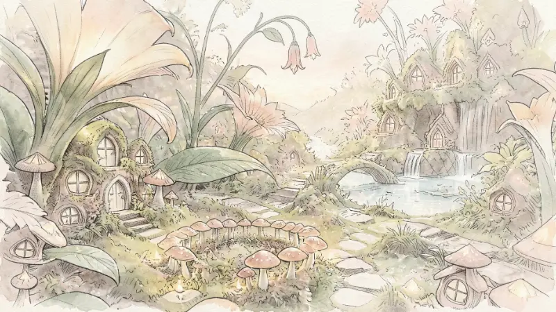 A painted garden of giant flowers and tiny doors, with a stone bridge over a stream and a waterfall behind.