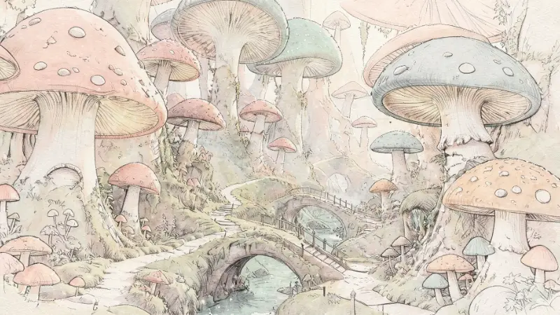 A painted wood of giant spotted mushrooms, with little arched bridges crossing a stream between them.