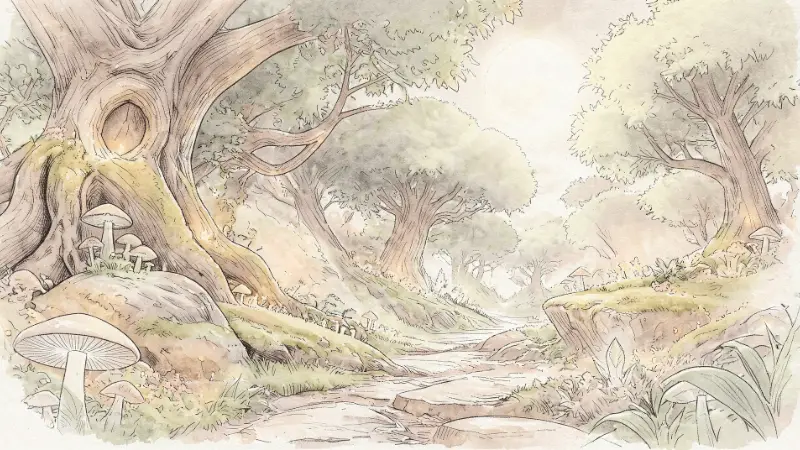 A painted forest path winding between huge old trees, with pale mushrooms growing among their roots.