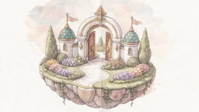 A painted floating garden island with an open arched gateway between two small domed towers.