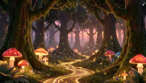 A painted enchanted forest with glowing red toadstools and a shining path between the trees.