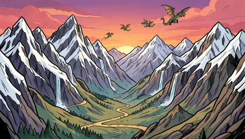 Painted snowy mountains with waterfalls, a winding path along the valley and dragons flying at sunset.